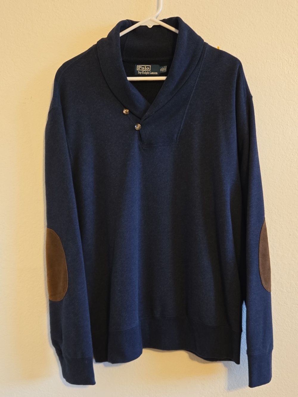 Polo Ralph Lauren Navy V-Neck Shawl Sweatshirt with Brown Elbow Patches - XL